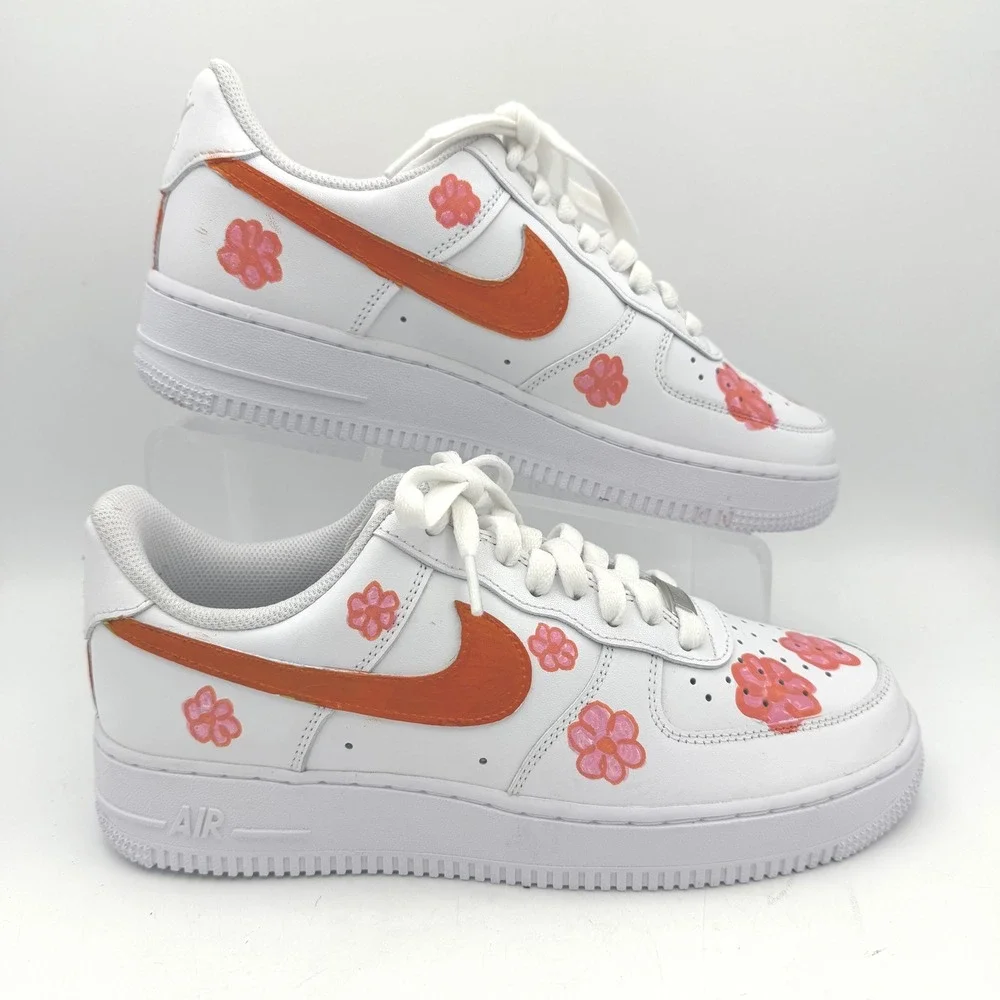 Nike Air Force‎ 1 Low Custom Floral Hand Painted White Orange Pink Sneakers